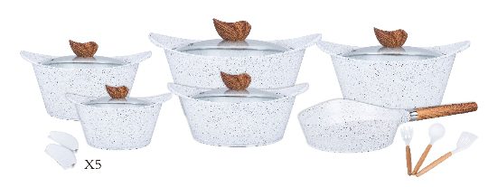 Batterie de cuisine 14 pièces en revêtement anti-adhésif blanche manche en bois