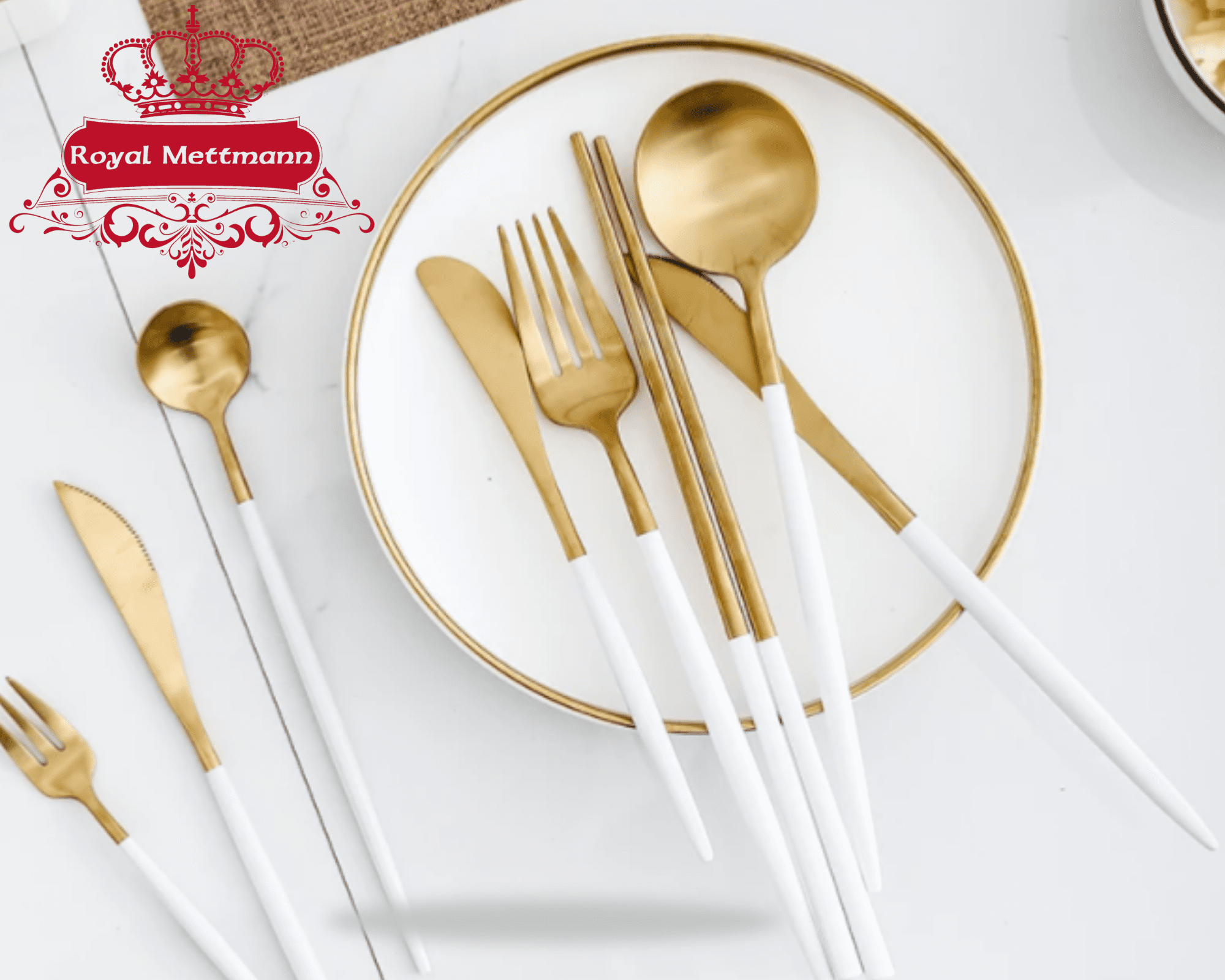 Ménagère et Couvert de table – 24 pièces – dorée et blanc – METTMANN