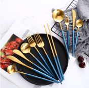 Ménagère et Couvert de table – 24 pièces – dorée et bleu – METTMANN