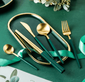 Ménagère et Couvert de table – 24 pièces – dorée et vert – METTMANN